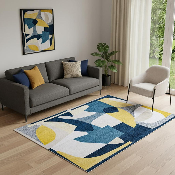 6' X 8' Abstract Washable Area Rug (552008) - Blue / Yellow