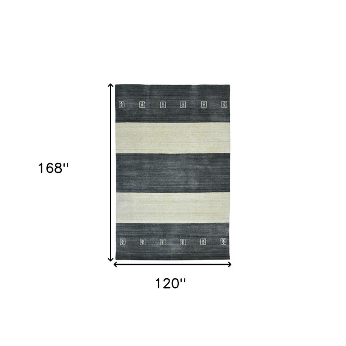 10' X 14' Wool Striped Hand Woven Area Rug - Charcoal And Ivory