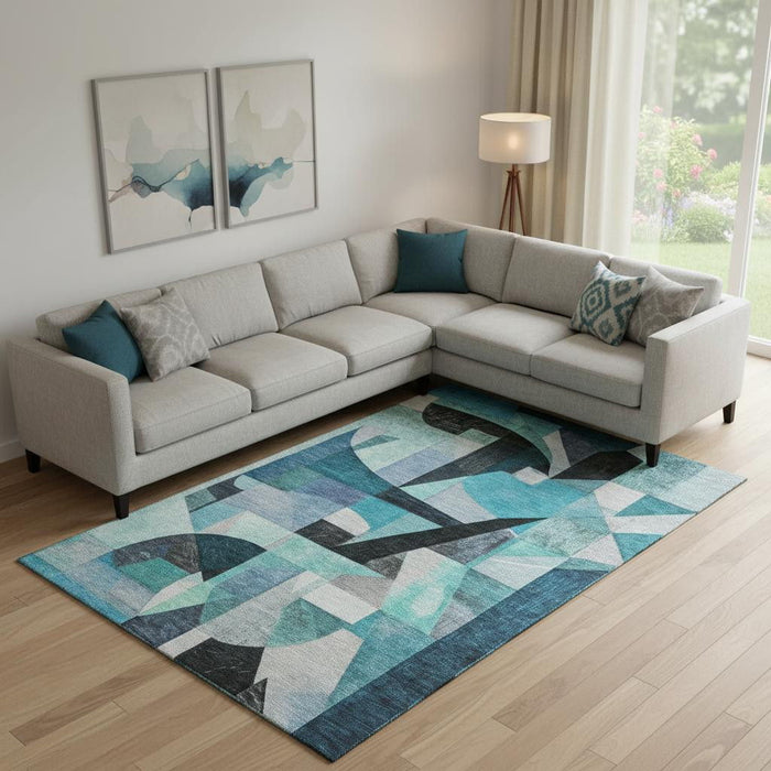 10' X 14' Abstract Washable Area Rug With UV Protection (700379) - Teal / Black / Blue