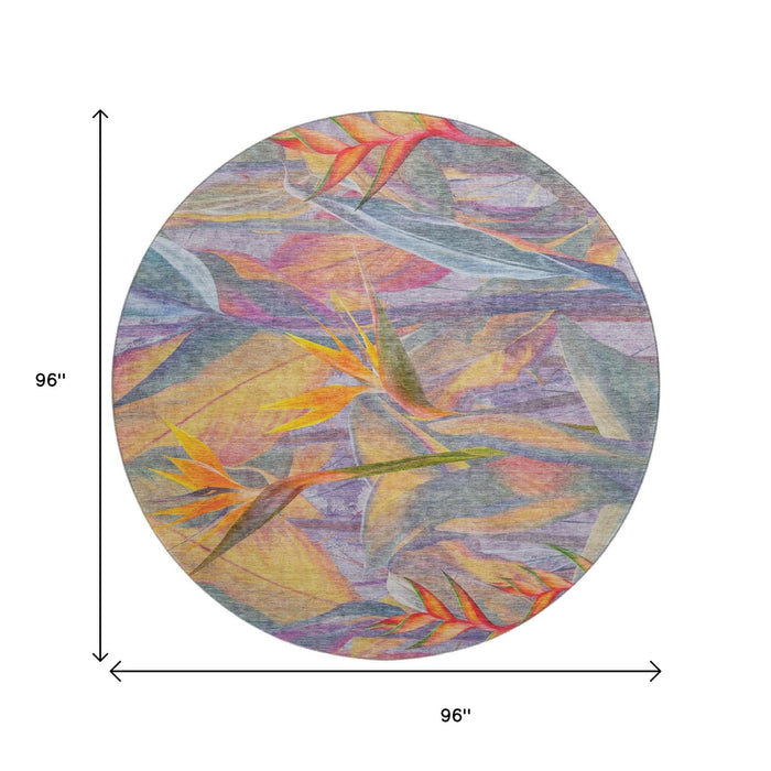 8' Geometric Washable Round Rug With UV Protection (646388) - Rainbow / Ivory