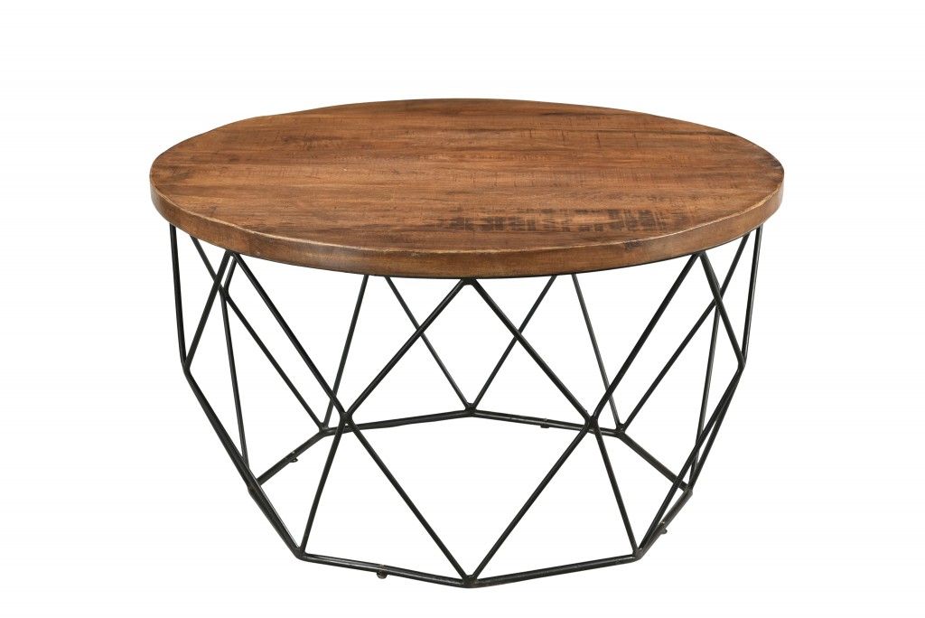 Solid Wood And Iron Round Frame Coffee Table - Brown