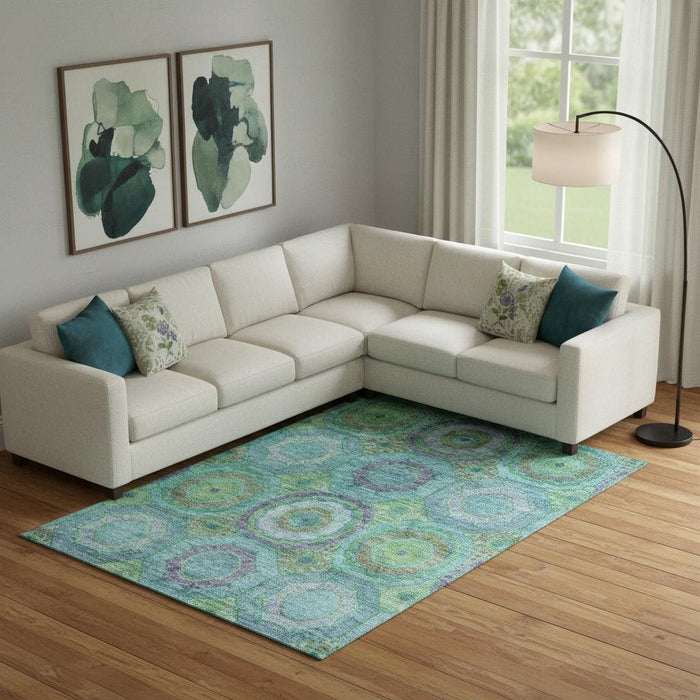 10' X 14' Geometric Washable Area Rug With UV Protection (716515) - Teal / Lime Green