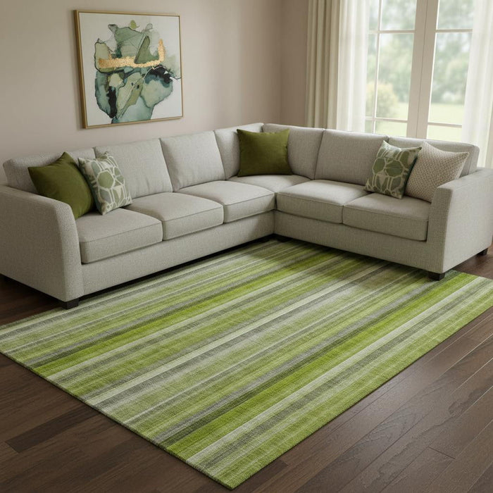 10' X 14' Striped Washable Area Rug With UV Protection (648388) - Green / Ivory