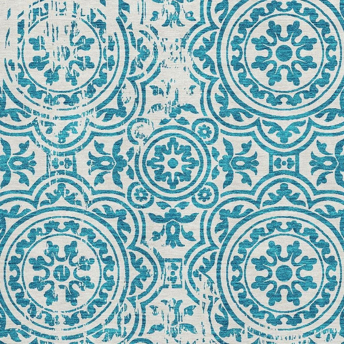 9' X 12' Medallion Washable Area Rug With UV Protection - Teal / Ivory