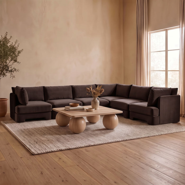 Meridian Furniture Hammond velvet performance fabric 6-piece corner sectional sofa with plush upholstery and modern design.