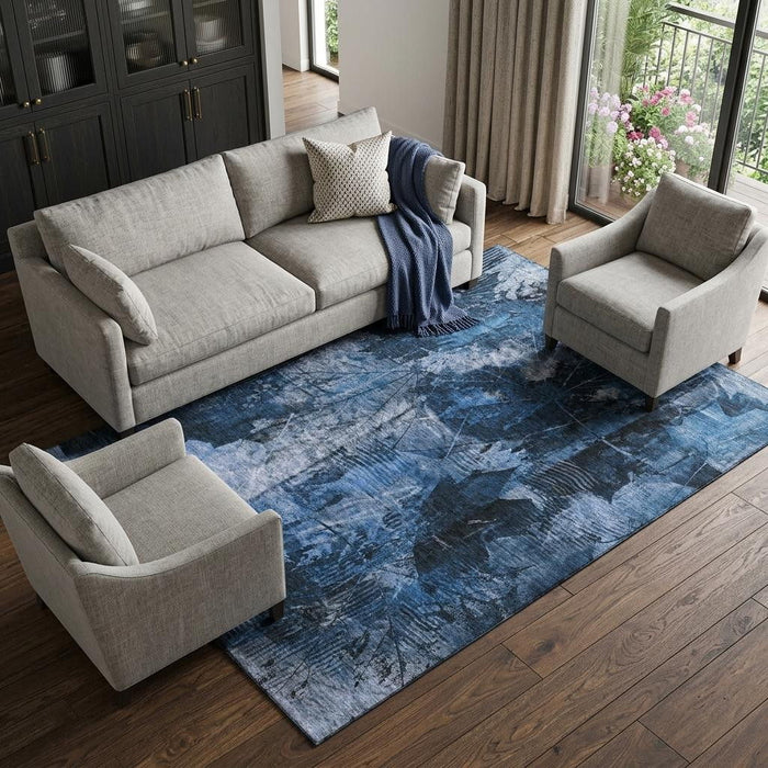 10' X 14' Floral Washable Area Rug With UV Protection (649078) - Navy Blue / Ivory