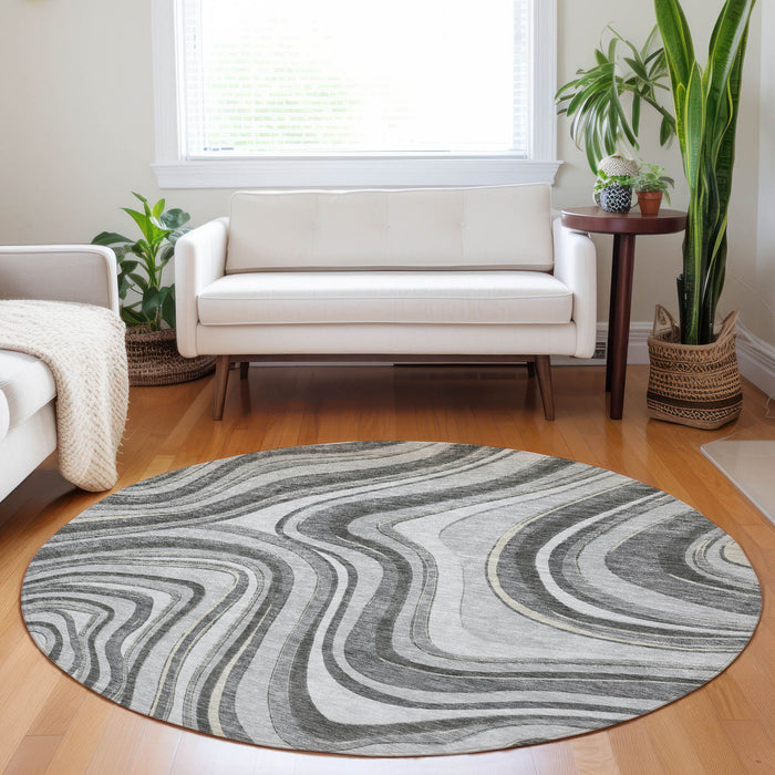 8' Marble Washable Round Rug With UV Protection - Gray And Ivory