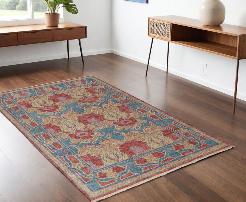 4' x 6' Wool Oriental Hand Knotted Area Rug - Blue Red And Yellow