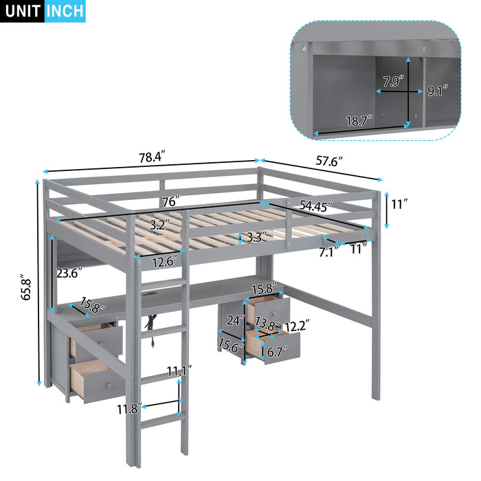 Giga loft bed with integrated desk, cabinets, drawers, charging station, and bedside tray for space-saving bedroom organization.