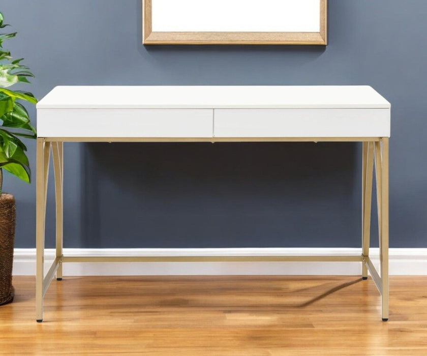 50" Wood And Steel Vanity Table With Two Drawers - Gold And White