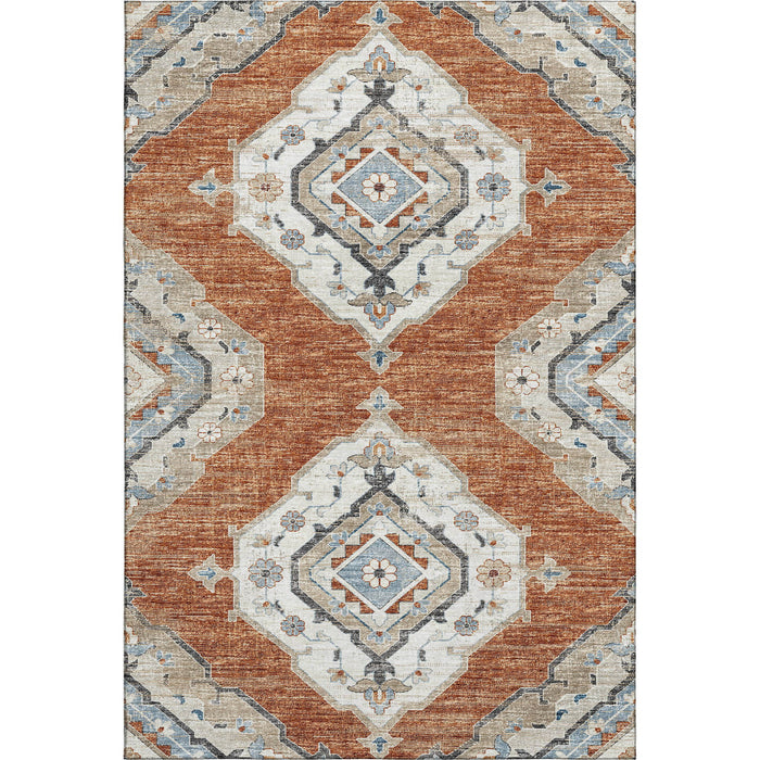 10' X 14' Tribal Distressed Washable Area Rug With UV Protection (644186) - Terra Cotta / Ivory / Blue