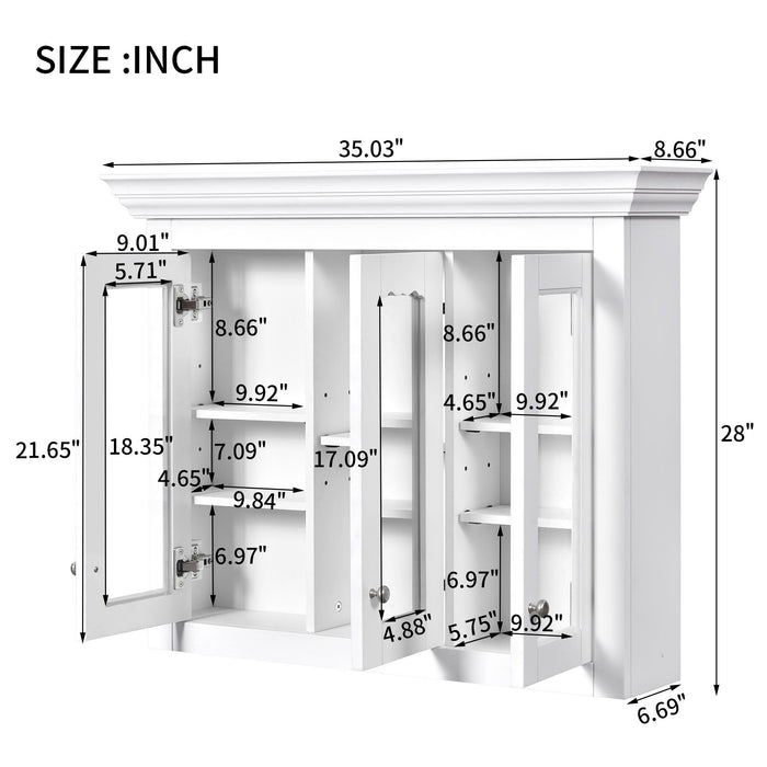 White Giga bathroom medicine cabinet with mirror and five adjustable closed shelves, wall-mounted for bathroom storage.
