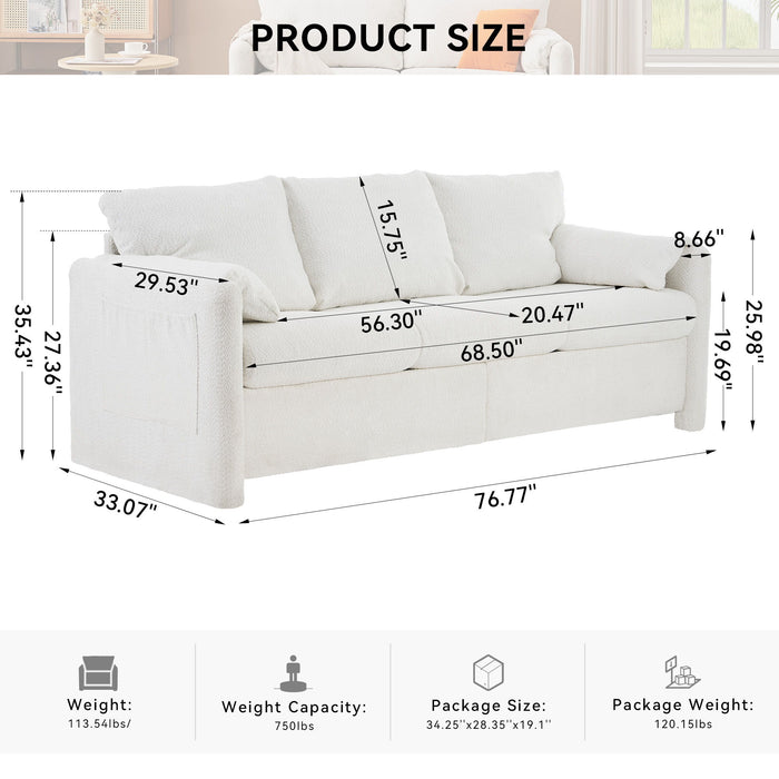 Giga modern ivory white 3-seater sofa with plush chenille fabric, deep seat cushions, perfect for living room or family space