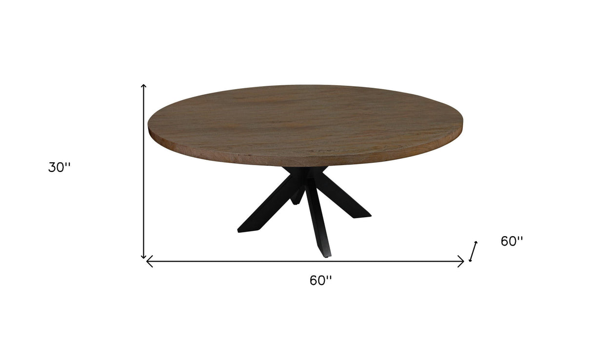 60" Rounded Solid Wood And Iron Pedestal Base Dining Table - Black / Natural