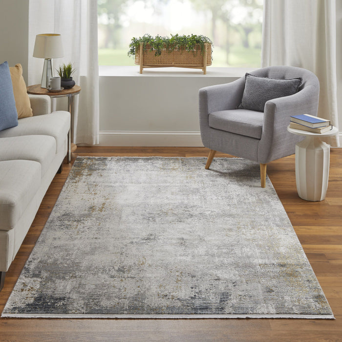 10' Abstract Power Loom Distressed Runner Rug With Fringe - Ivory