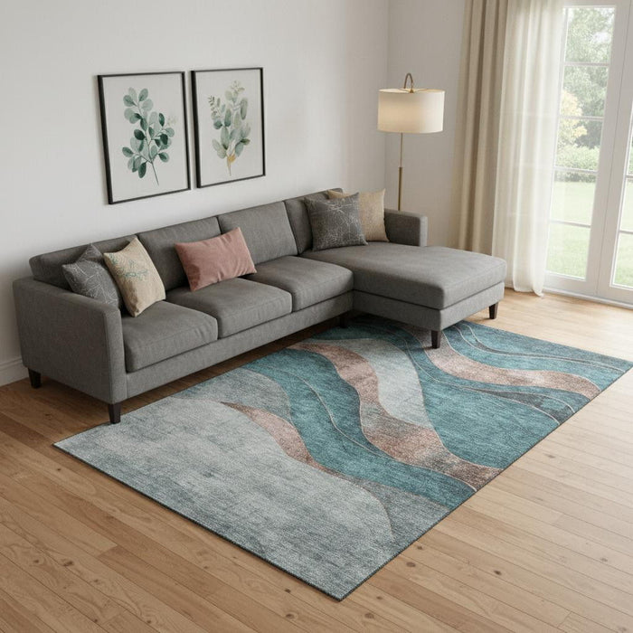 10' X 14' Abstract Washable Area Rug With UV Protection (707161) - Teal / Taupe