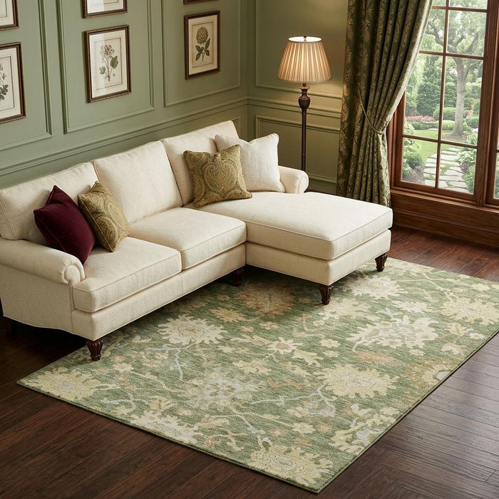 10' X 14' Floral Medallion Washable Area Rug With UV Protection (686837) - Artichoke Green / Beige / Copper