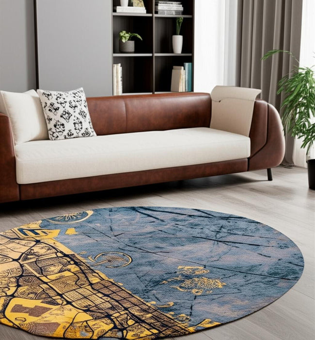 8' Abstract Washable Round Rug With UV Protection (610083) - Gold / Blue