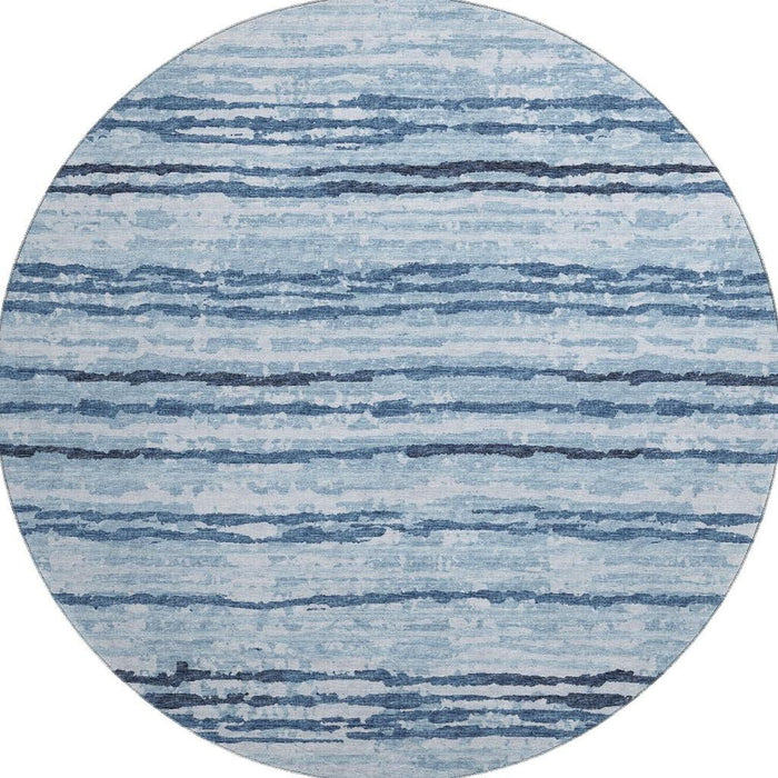 8' Striped Washable Round Rug With UV Protection - Blue / Ivory