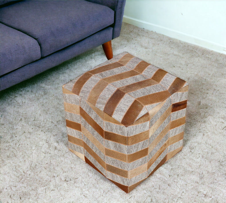 Hair on Hide Cube Chevron Pouf Ottoman - Gray And Bronze