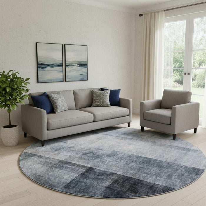 8' Abstract Washable Round Rug With UV Protection (649633) - Navy Blue / Ivory