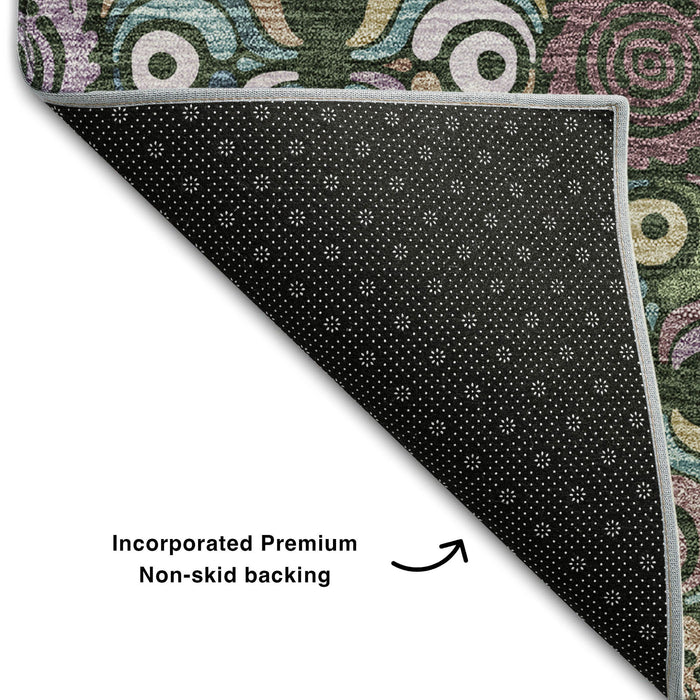 10' X 14' Medallion Washable Area Rug With UV Protection (667691) - Fern Green / Purple / Teal