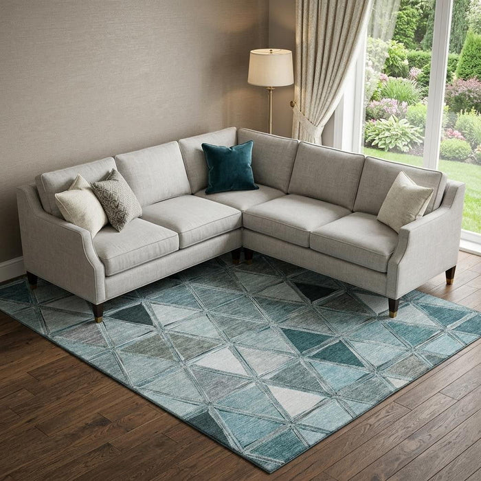 10' X 14' Geometric Washable Area Rug With UV Protection (657653) - Teal / Gray / Ivory