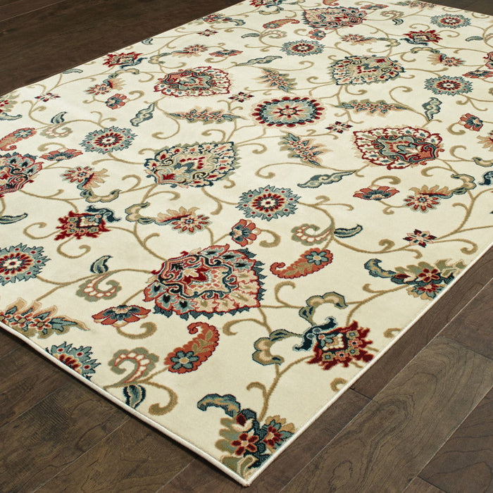 8' x 11' Floral Power Loom Stain Resistant Area Rug - Ivory Green Blue Red Salmon And Yellow