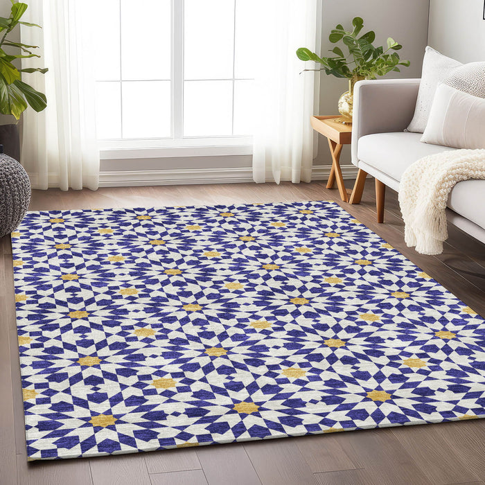 10' X 14' Geometric Washable Area Rug With UV Protection - Navy Blue