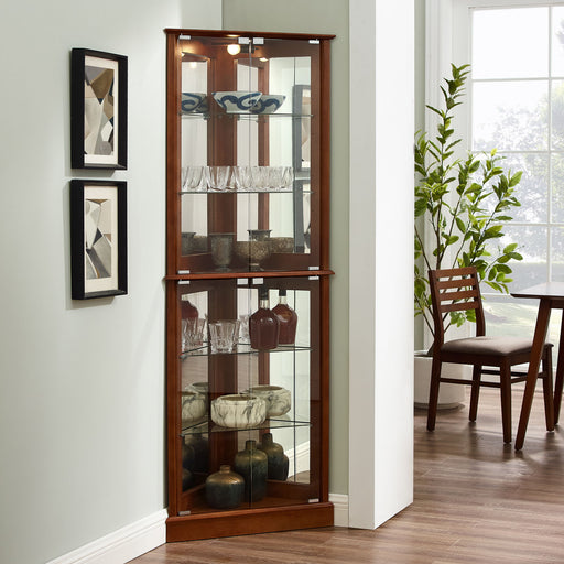 Giga corner curio display cabinet with mirrored back, adjustable glass shelves, and built-in lighting for showcasing collectibles.