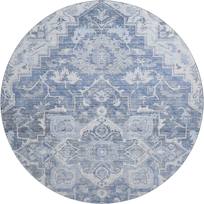 8' Floral Medallion Washable Round Rug With UV Protection - Denim Blue