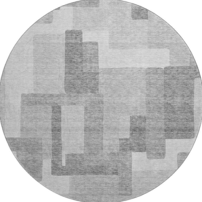 8' Abstract Geometric Washable Round Rug With UV Protection - Silver And Gray