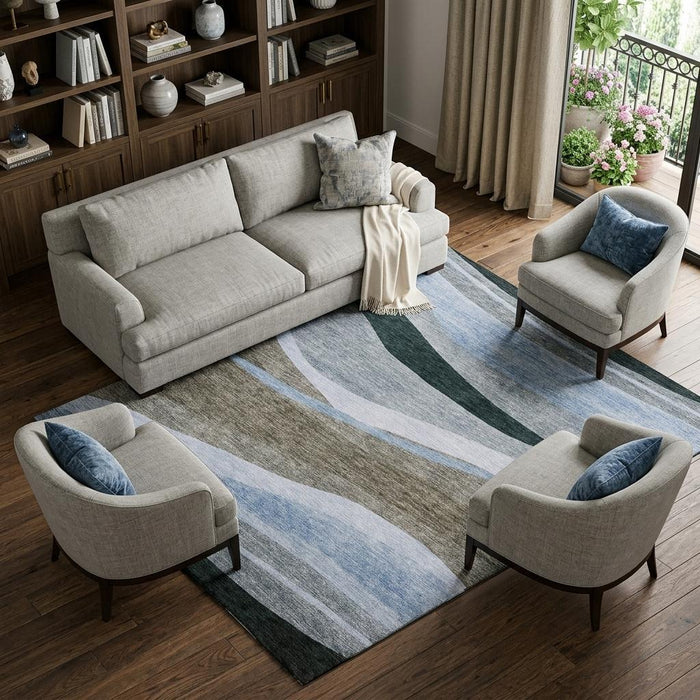 10' X 14' Abstract Washable Area Rug With UV Protection (684238) - Brown / Blue / Silver