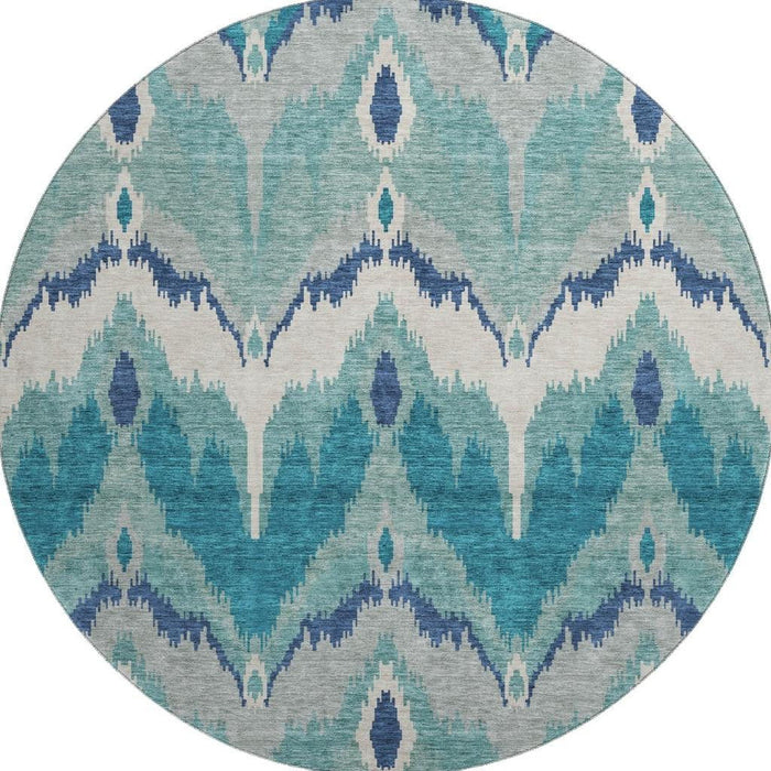 8' Ikat Washable Round Rug With UV Protection - Teal And Ivory