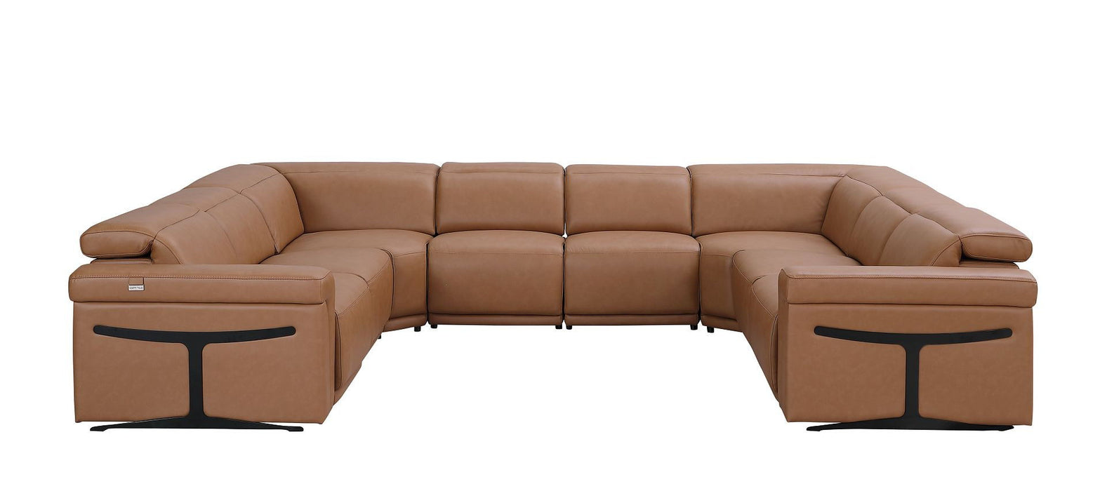 Italian Leather Power Reclining U Shaped Eight Piece Corner Sectional With Console - Chestnut