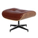 Brown tufted genuine leather swivel lounge chair with matching ottoman, featuring a stationary design and plush cushioning.