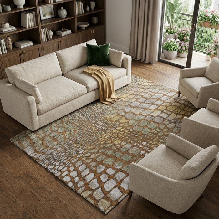 10' X 14' Abstract Geometric Washable Area Rug With UV Protection (677951) - Rust / Gold / Green