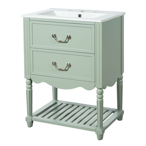Giga wave design bathroom vanity with sink, two drawers, and open shelf, modern white bathroom furniture for storage.