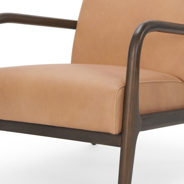 Genuine Leather And Solid Wood Arm Chair - Tan / Dark Brown