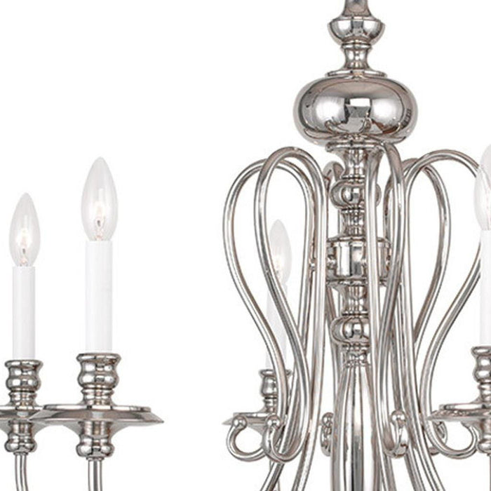 HomeRoots 24-inch six-light metal chandelier with shades, dimmable lighting and nickel finish, showcasing modern design and elegant illumination.