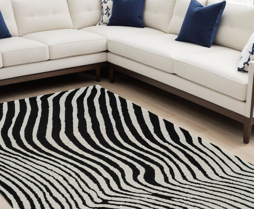 7.9' x 7.9' Modern Abstract Distressed Polypropylene Area Rug - Cream And Black