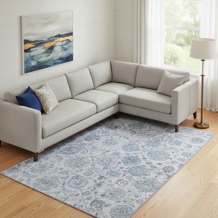 10' X 14' Damask Washable Area Rug With UV Protection (705125) - Blue / Gray