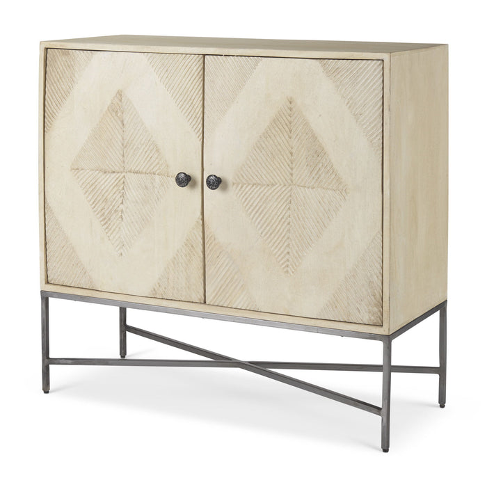 36" Solid Wood And Iron Carved Geometric Accent Cabinet With Two Doors - Brown