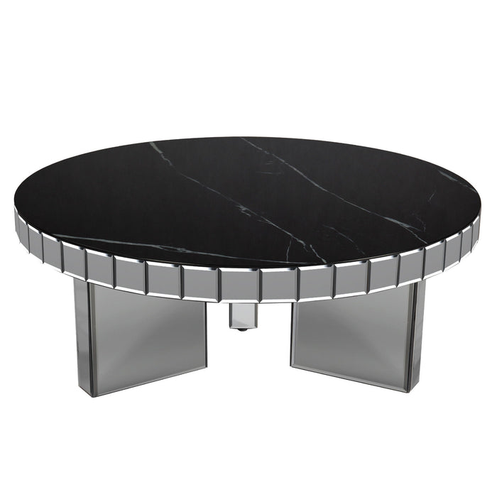 35" Mirro Glass And Faux Marble Round Coffee Table - Black