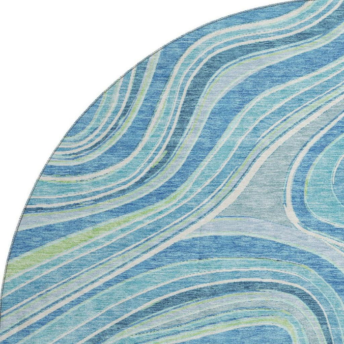 8' Marble Washable Round Rug With UV Protection - Blue