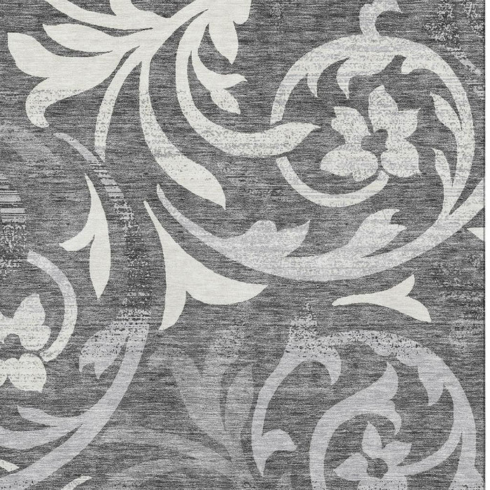 10' X 14' Floral Washable Area Rug With UV Protection - Charcoal