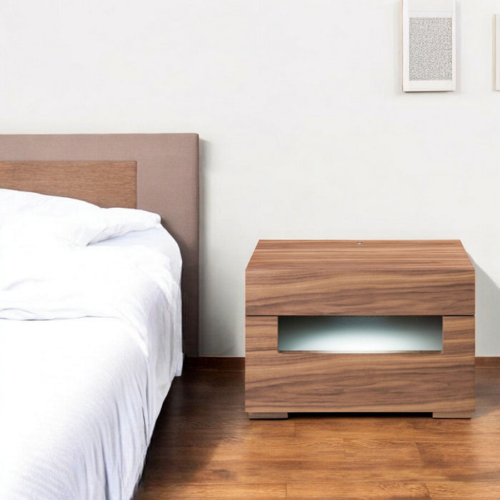 Dazzling Contemporary Led Nightstand With Two Drawers - Walnut