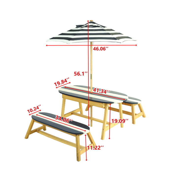 Giga Naturally Playful kids picnic table with blue and white striped umbrella, suitable for indoor and outdoor play.