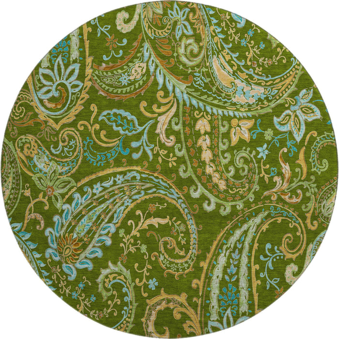 8' Paisley Washable Round Rug With UV Protection (647971) - Green / Blue