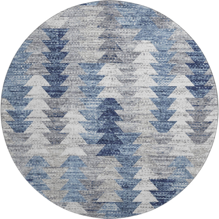 8' Geometric Washable Round Rug With UV Protection (653125) - Blue / Ivory / Gray